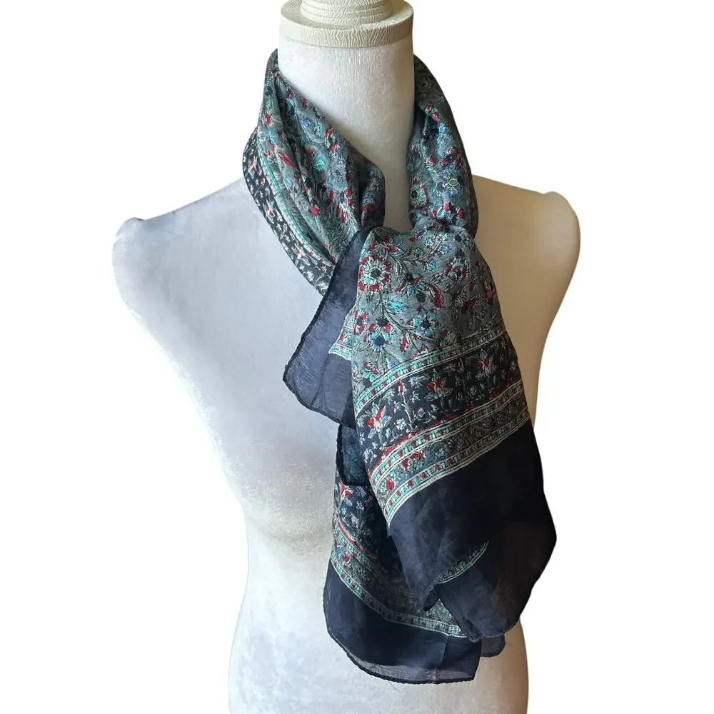 Vintage 100% Pure Silk Scarf Large Square 41x39 Paisley Floral Teal Blue Red
